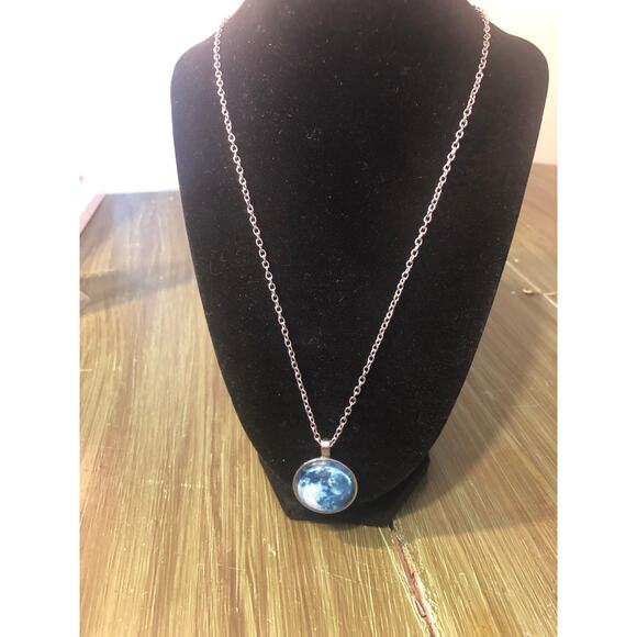 Silver Tone Glow in the Dark Blue Moon Pendant Necklace - Picture 1 of 5